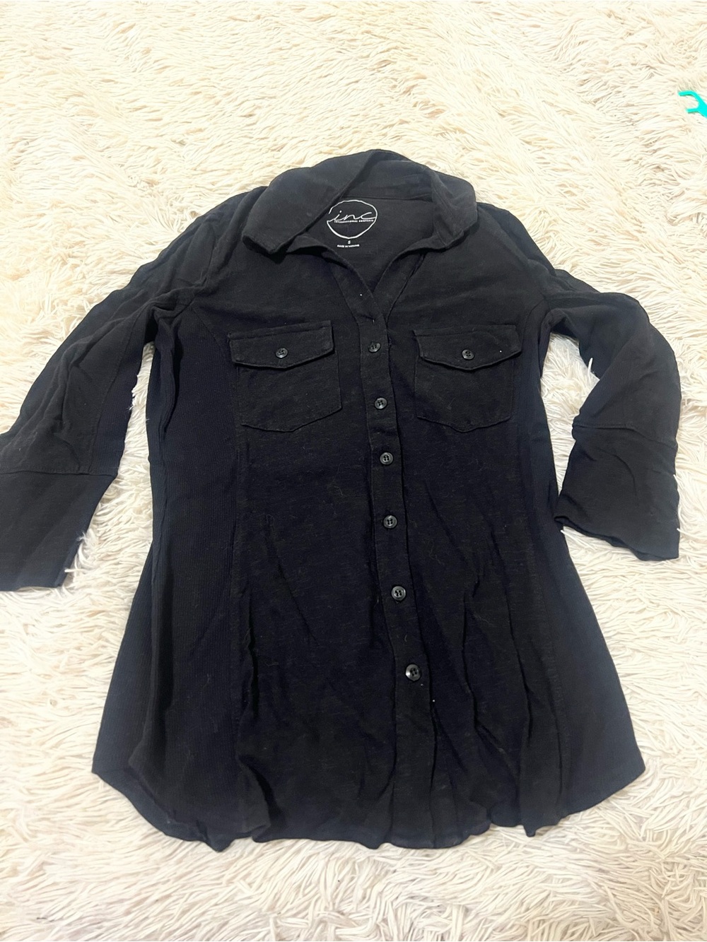 INC International Concepts Black Button-Front Shirt with Chest Pockets
